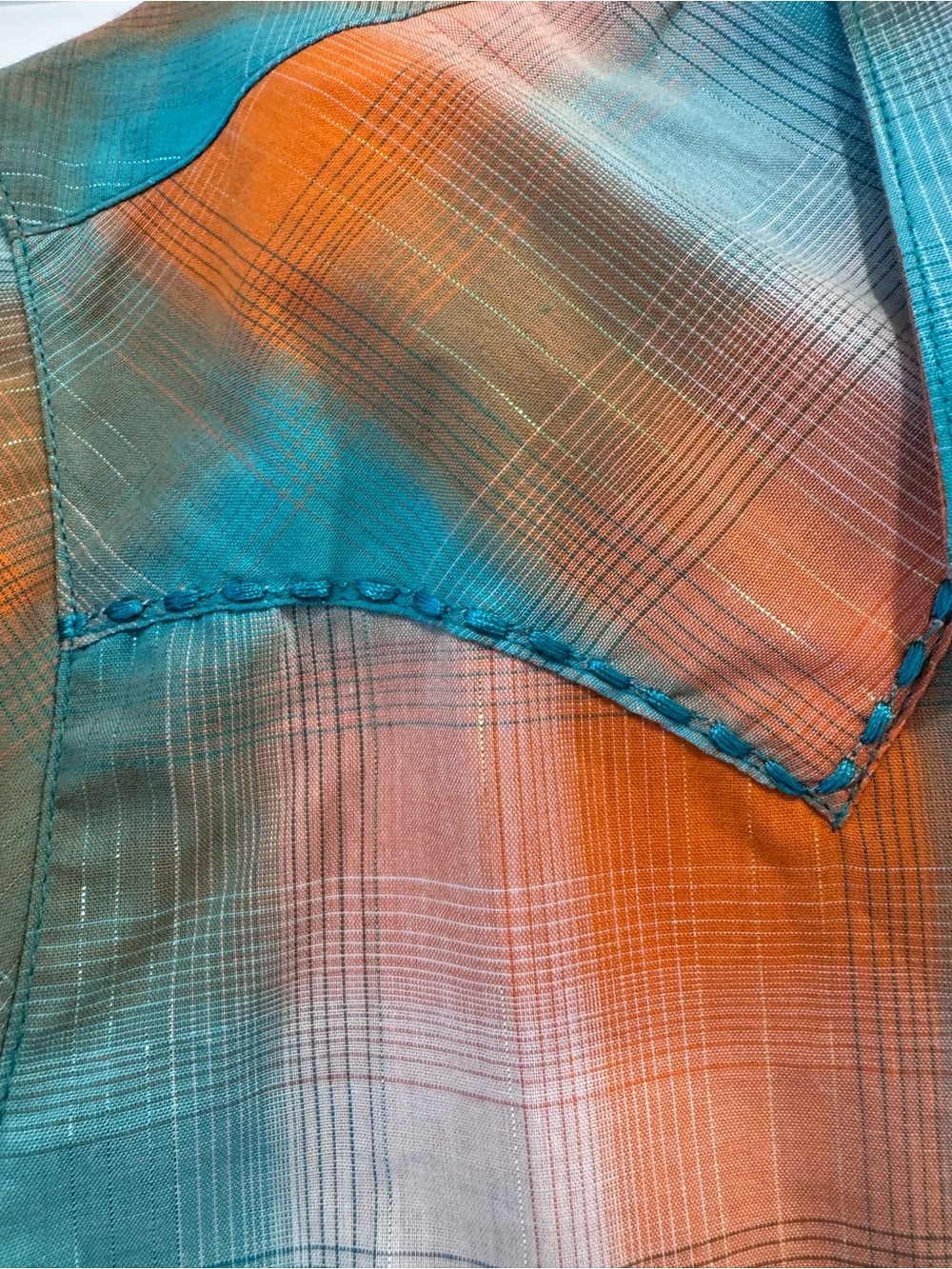 Wrangler Western Plaid Rhinestone Snap Shirt Turquoise Orange Size M - Picture 8 of 10